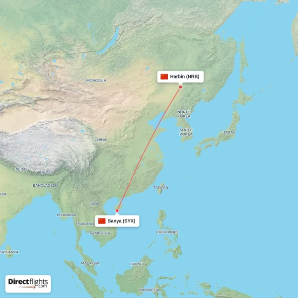 Harbin - Sanya direct flight map