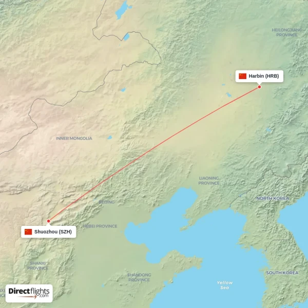 Harbin - Shuozhou direct flight map