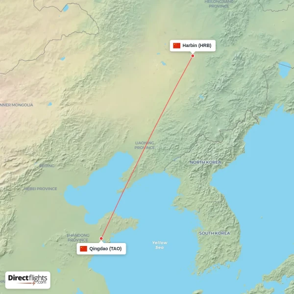 Harbin - Qingdao direct flight map