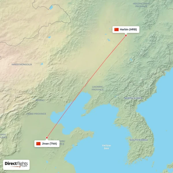 Harbin - Jinan direct flight map
