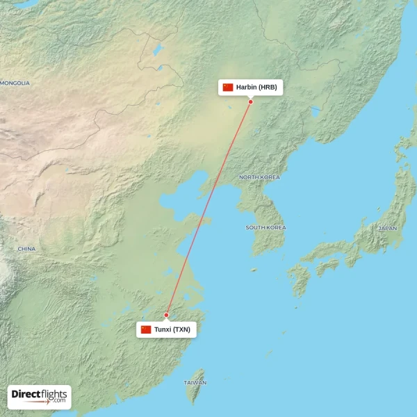 Harbin - Tunxi direct flight map