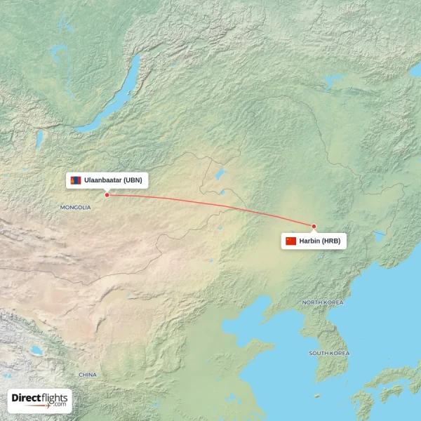 Harbin - Ulaanbaatar direct flight map