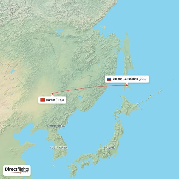 Harbin - Yuzhno-Sakhalinsk direct flight map