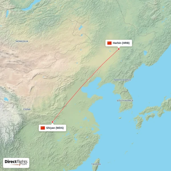 Harbin - Shiyan direct flight map