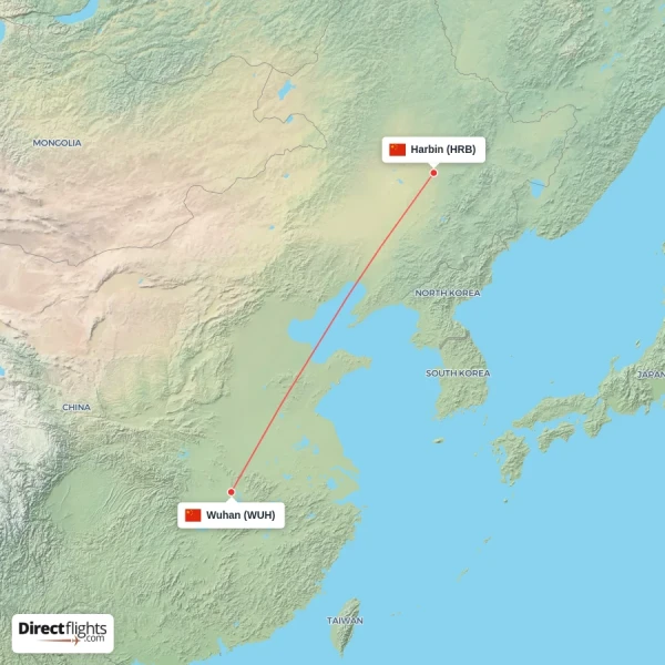 Harbin - Wuhan direct flight map