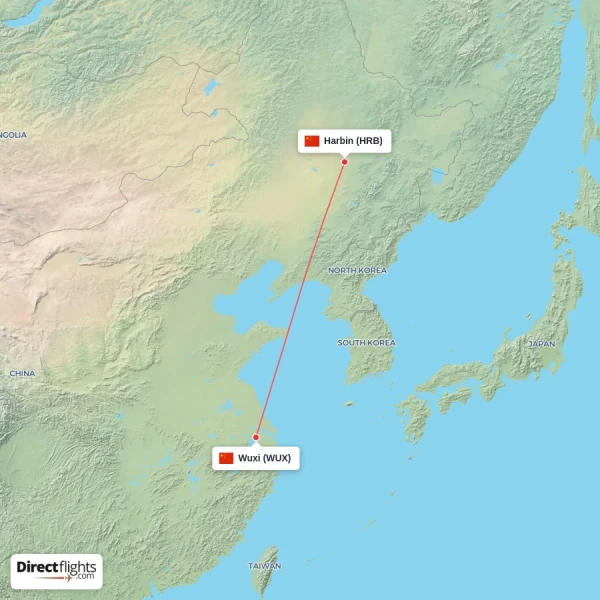 Harbin - Wuxi direct flight map
