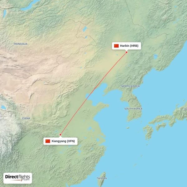 Harbin - Xiangyang direct flight map