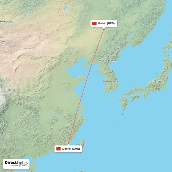 Harbin - Xiamen direct flight map