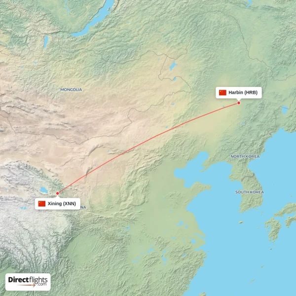 Harbin - Xining direct flight map