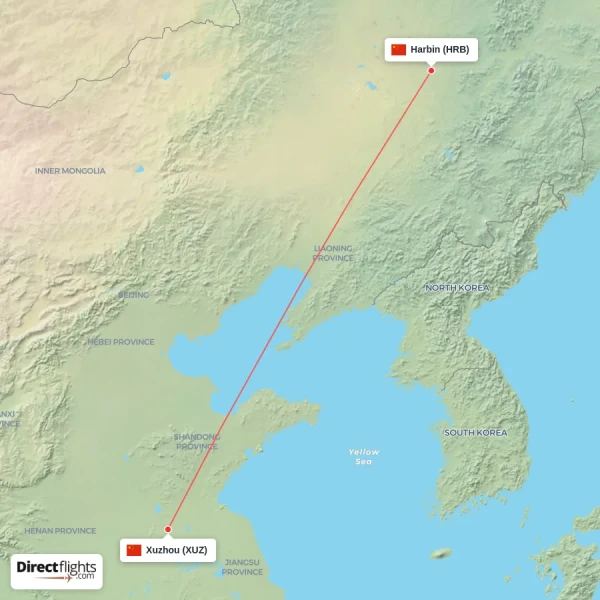 Harbin - Xuzhou direct flight map