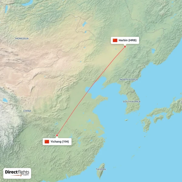 Harbin - Yichang direct flight map
