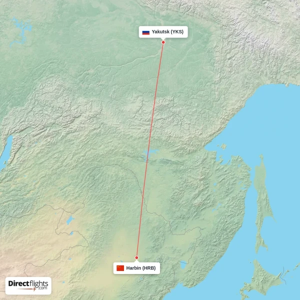 Harbin - Yakutsk direct flight map
