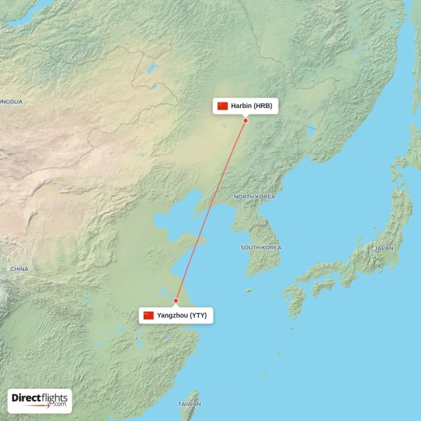 Harbin - Yangzhou direct flight map