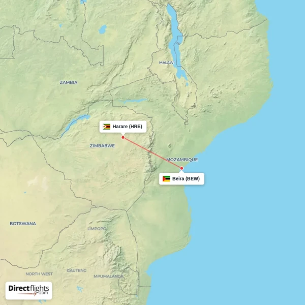 Harare - Beira direct flight map