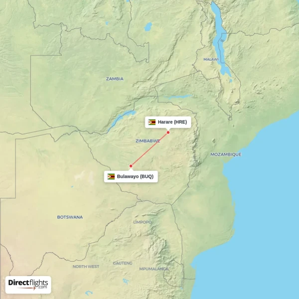 Harare - Bulawayo direct flight map