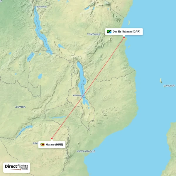 Harare - Dar Es Salaam direct flight map