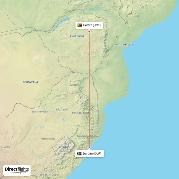 Harare - Durban direct flight map