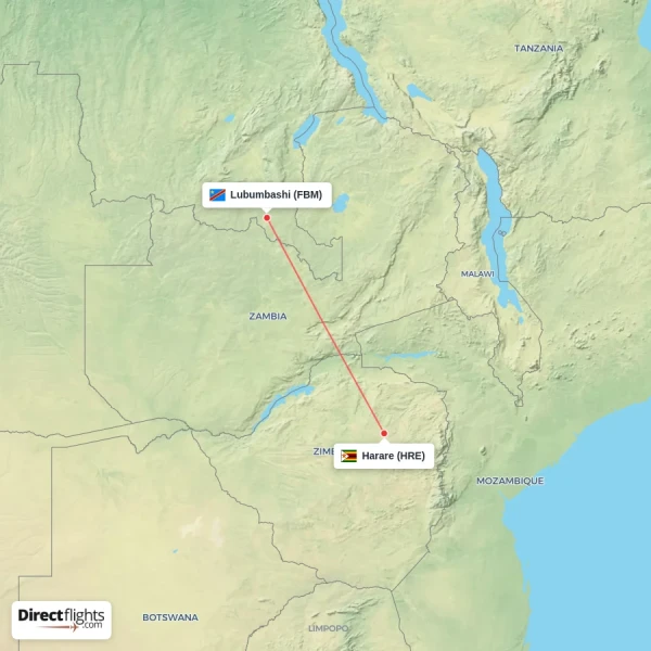Harare - Lubumbashi direct flight map