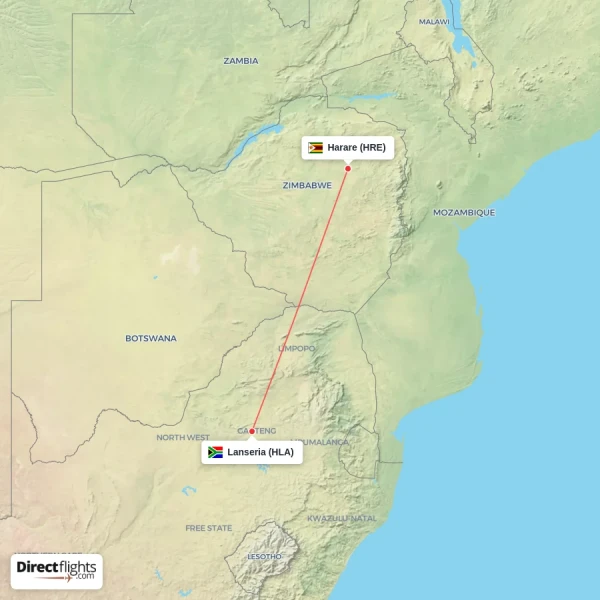 Harare - Lanseria direct flight map