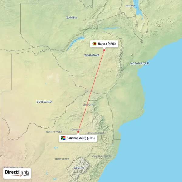 Harare - Johannesburg direct flight map