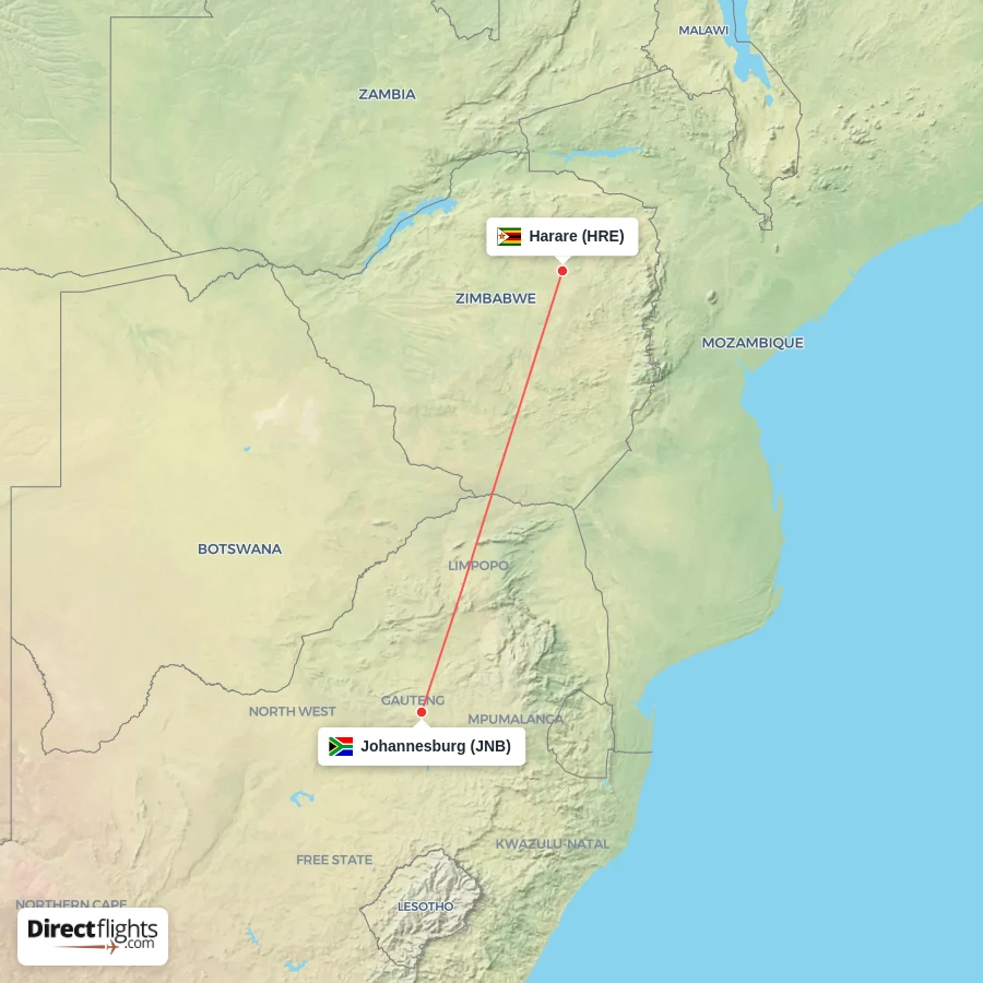 HRE - JNB route map