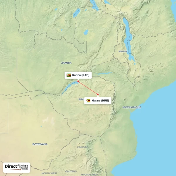 Harare - Kariba direct flight map