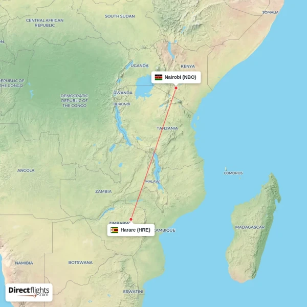 Harare - Nairobi direct flight map