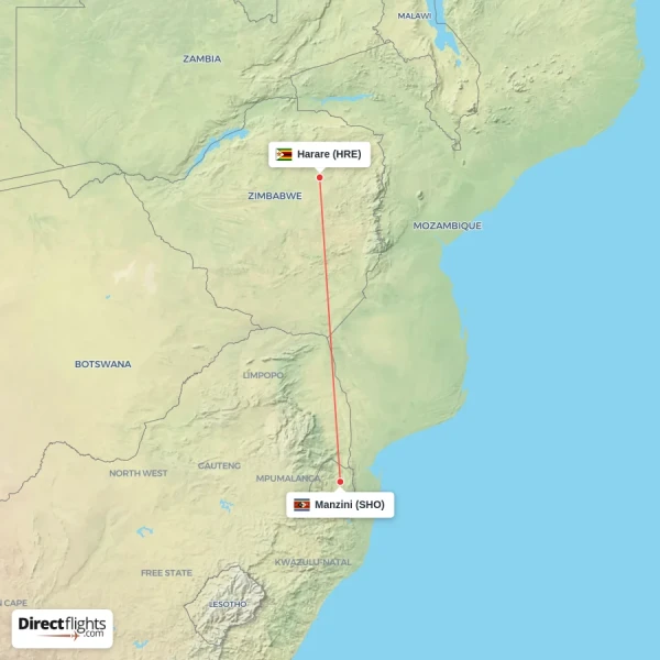 Harare - Manzini direct flight map