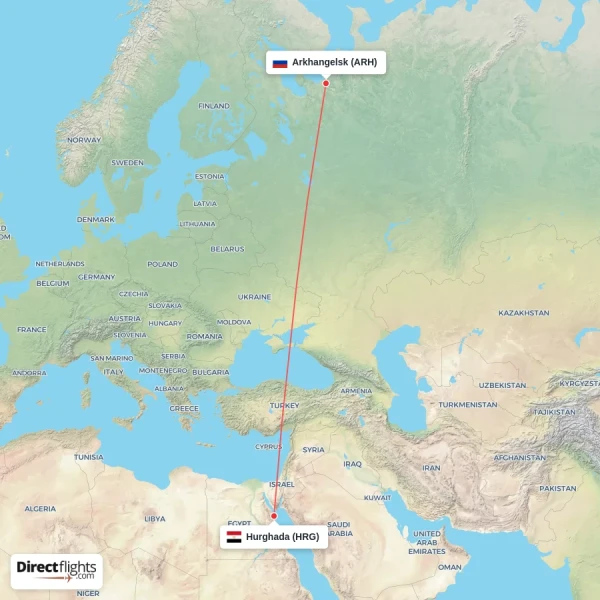 Hurghada - Arkhangelsk direct flight map