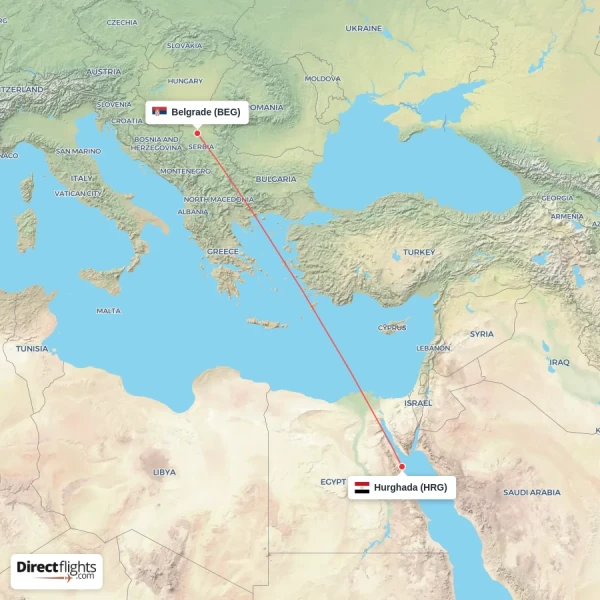 Hurghada - Belgrade direct flight map