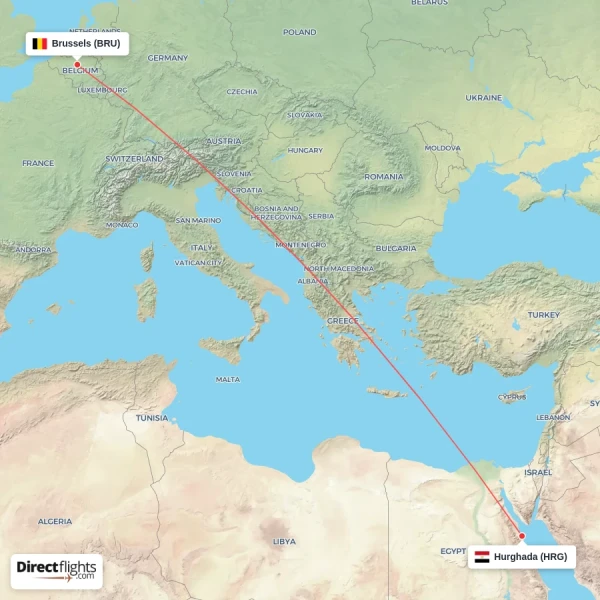 Hurghada - Brussels direct flight map