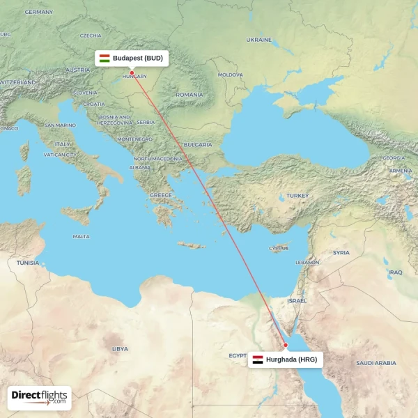 Hurghada - Budapest direct flight map