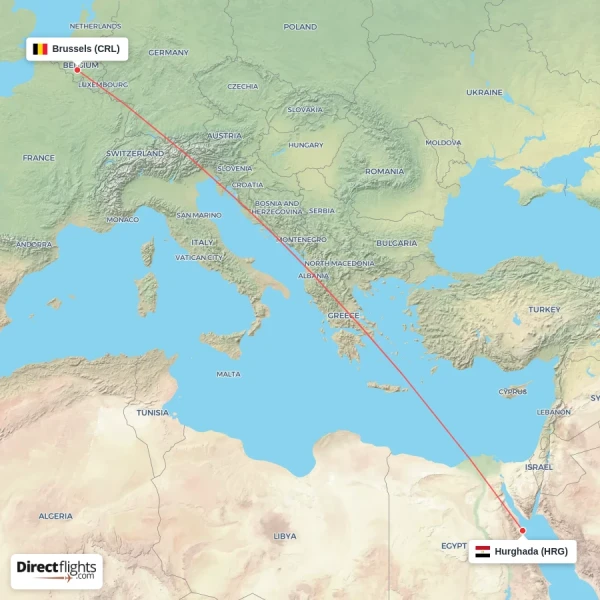Hurghada - Brussels direct flight map