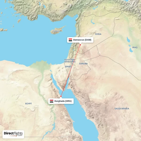 Hurghada - Damascus direct flight map
