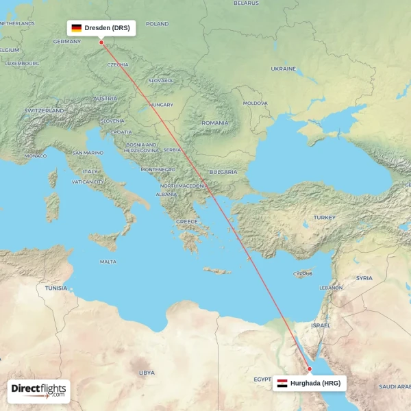 Hurghada - Dresden direct flight map