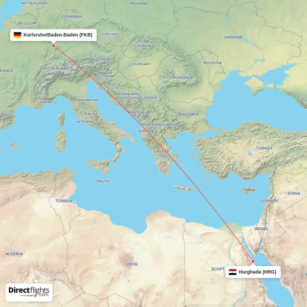 Hurghada - Karlsruhe/Baden-Baden direct flight map