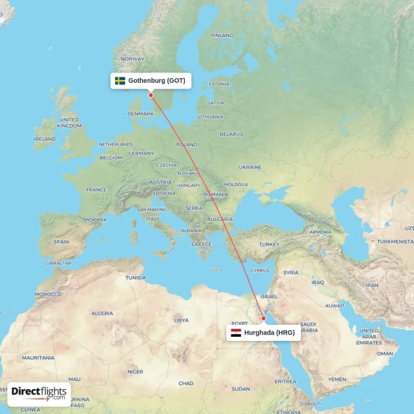 Hurghada - Gothenburg direct flight map