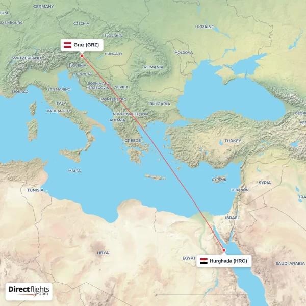 Hurghada - Graz direct flight map