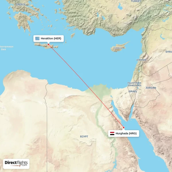 Hurghada - Heraklion direct flight map