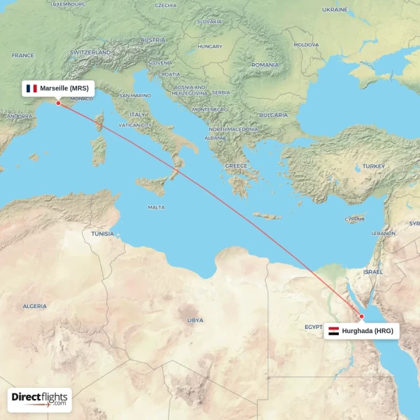 Hurghada - Marseille direct flight map