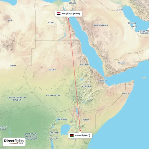 Hurghada - Nairobi direct flight map