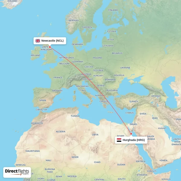 Hurghada - Newcastle direct flight map