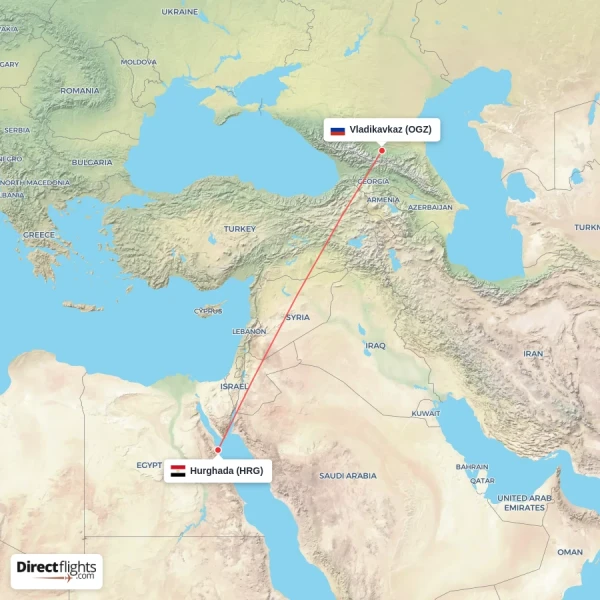 Hurghada - Vladikavkaz direct flight map