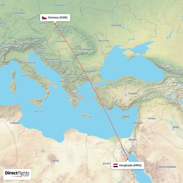 Hurghada - Ostrava direct flight map