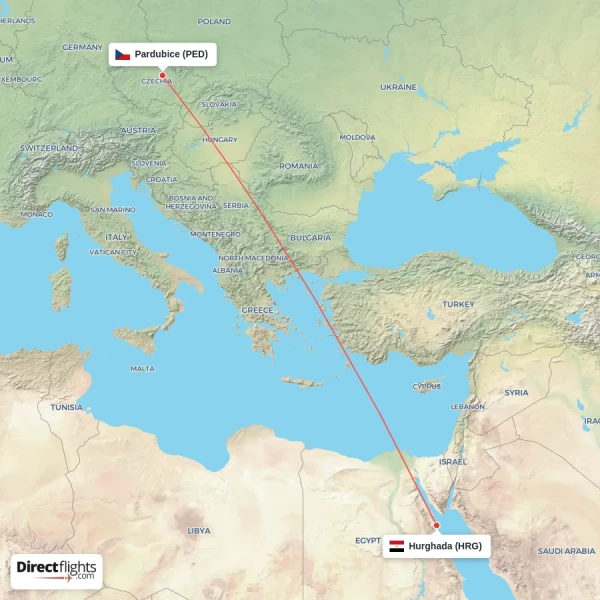 Hurghada - Pardubice direct flight map