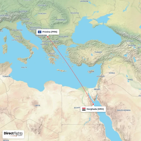 Hurghada - Pristina direct flight map