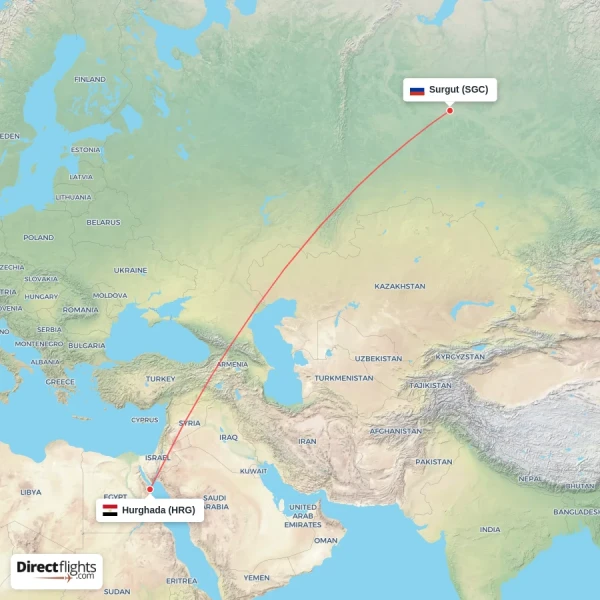 Hurghada - Surgut direct flight map