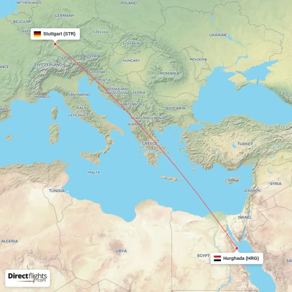 Hurghada - Stuttgart direct flight map