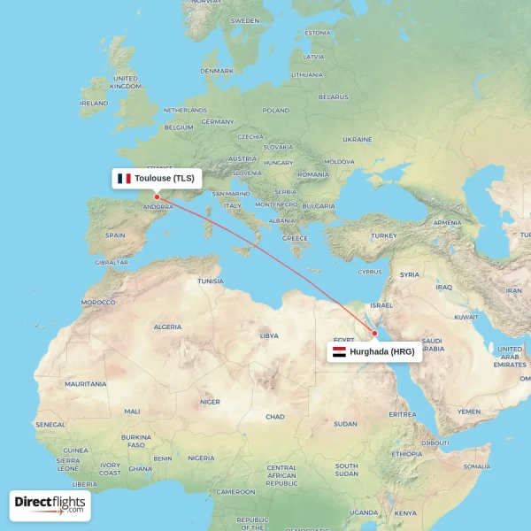 Hurghada - Toulouse direct flight map