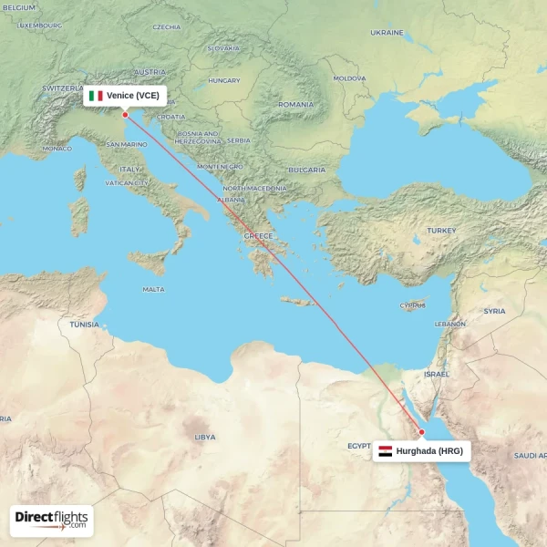 Hurghada - Venice direct flight map